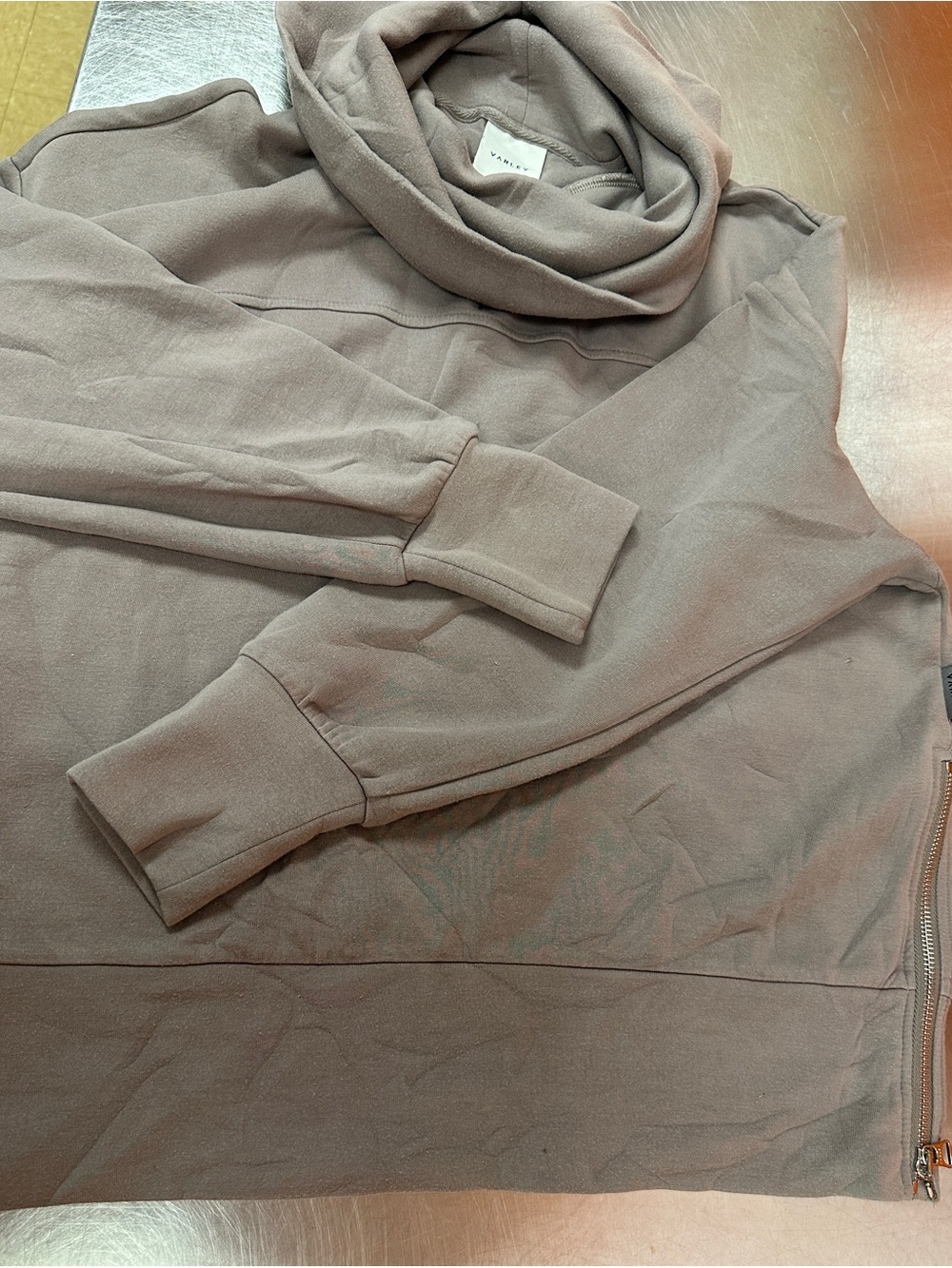 Varley DoubleSoft Priya Longline Cowl Neck Sweatshirt Small Taupe Brown Zipped
